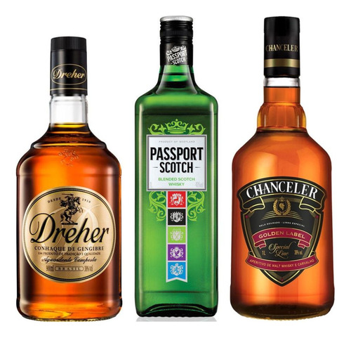 Whisky Passport 1l + Chanceler 1l + Conhaque Dreher 900ml