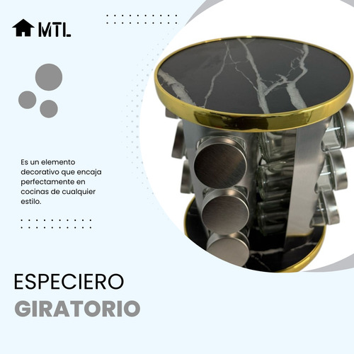 Especiero Giratorio Mtl 12 Frascos Negro Y Dorado Jaspeado