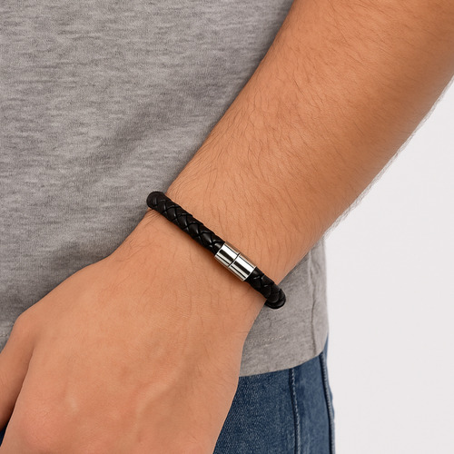 Pulsera Brazalete Cuero Hombre Broche Magentico Vintage Negro 19 Cm