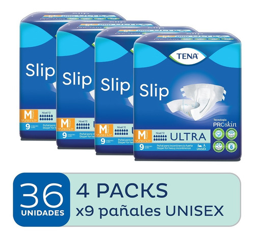 Combo Pañales Tena Slip Medium 4 Pqts X9 Unidades