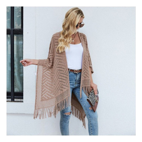 Suéter De Mujer Cárdigan Hueco Chal Borla Bufanda Top Color Caqui