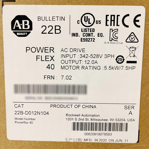 Allen Bradley 22b-d012n104 Powerflex 40 12a 7.5hp Ac Dri Hha