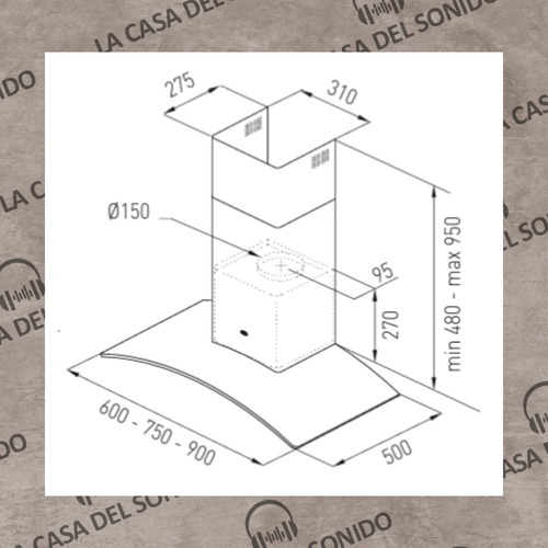 Imagen 4 de 6 de Extractor purificador de cocina TST Lacar ac. inox. y vidrio de pared 600mm x 750mm plateado 220V