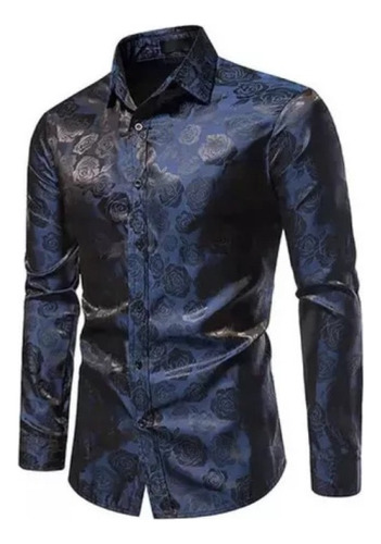 Camisa Hombre Manga Larga Rosa Slim Botón Estampado Moda