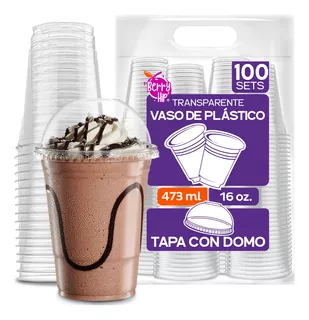 100 Vasos Desechables De Plástico Con Tapa Tipo Domo 16 Oz