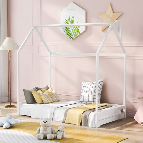 Cama De Madera Individual Con Techo Para Niños Color Blanco