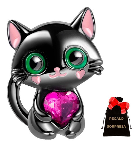 Charm Compatible Gatito Negro Amor Corazón S925 Swarovski E