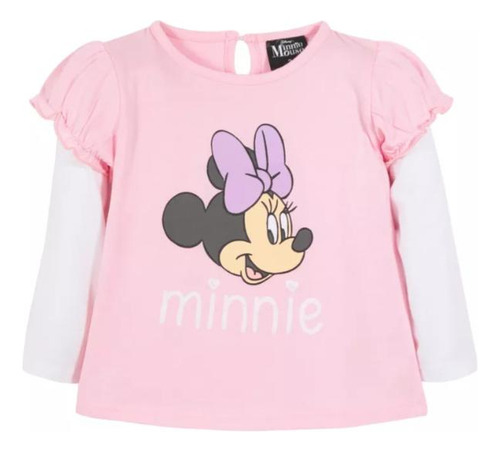 Polera Manga Larga Niña Minnie Moño Rosado Disney