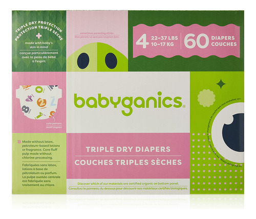 Diapers, Size 4, 60 Ct, Babyganics Ultra Absorbent Diapers