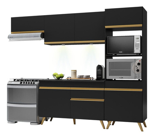 Armário Cozinha Compacta 252cm Veneza Up Multimóveis V2015 Cor Preto/Dourado