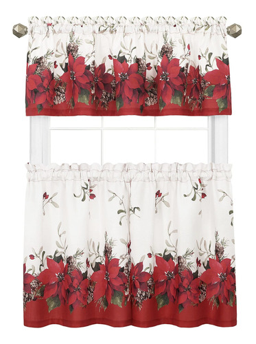 Blooming Poinsettias Bordered Christmas Fabric Tier Cur...