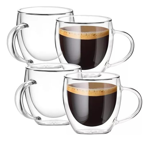 4 Tazas Café Doble Pared Borosilicato 150ml Pocillo 5onzas Color Trasparente Posillo 150ml