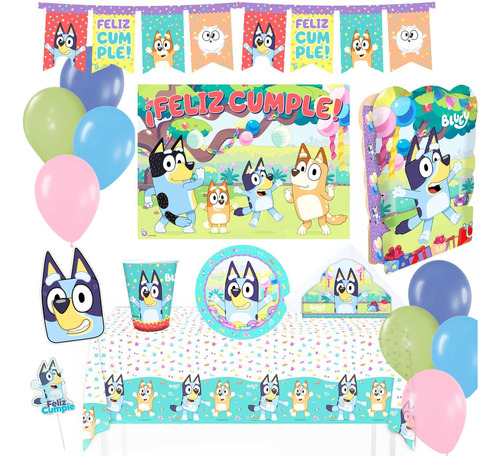 Combo Kit Cumple Bluey Set Para 10 Invitados Cotillon