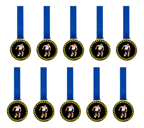 Kit C/10 Medalhas De Futebol C/fita Azul 36mm Personalizada