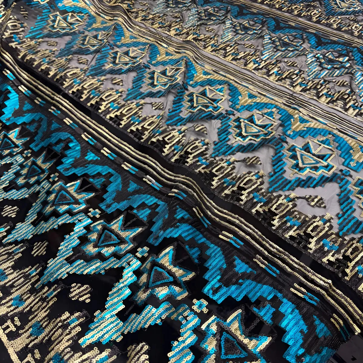 Tecido Paetê Tribal Africano 1,30x1,50m Vestido Feminino Cor Azul