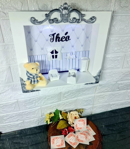 Decoração De Porta Maternidade Led + Nome - Menino / Menina Cor Branco Azul Marinho Com Prata