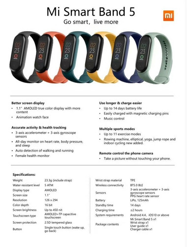 Xiaomi Mi Band 5 Smart Band Bluetooth 5.0 Original Cargador