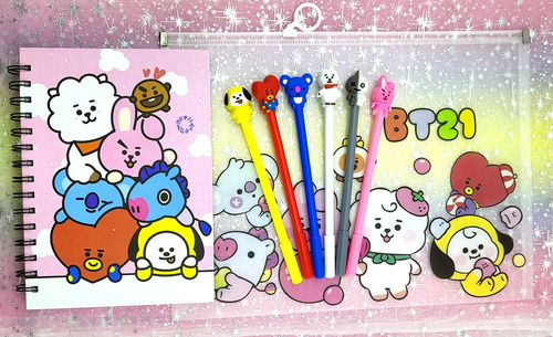 Kit Kawaii Bts Bt21 , 1 Libreta + 6 Plumas Gel + 1 Folder :)