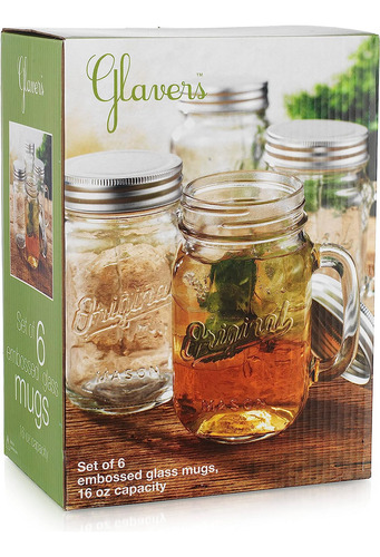 Glavers Mason Jar 16 Oz. Glass Mugs With Handle And Lid Set