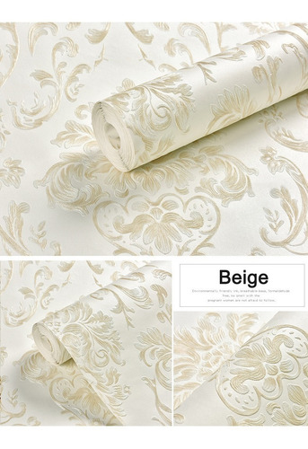 Imagen 3 de 6 de Papel Tapiz Estilo Damasco Europeo Con Relieve Pared Beige