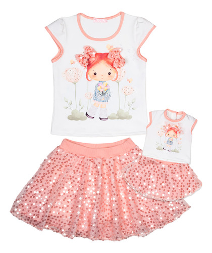 Conjunto Flower Saia Em Paetê Ma0218 +roupa Boneca Marthiê