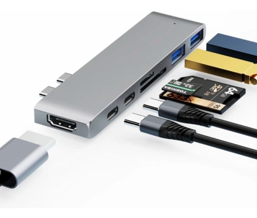 Imagem 1 de 8 de Adaptador Hub Macbook Pro 7em1 Usb C + Hdmi 4k + Thunderbolt