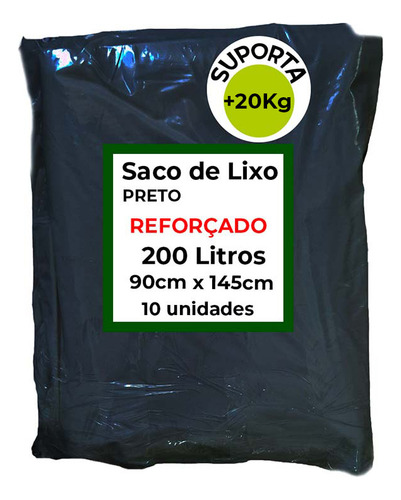 10 Sacos De Lixo Preto 200 Litros 90x145cm Reforçado 9micras
