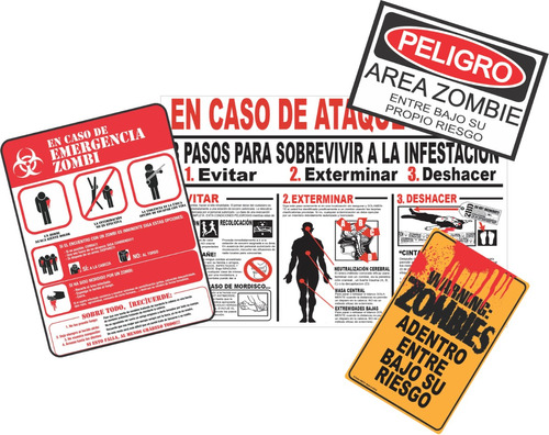 Nuevo Set Poster Y Adhesivos Peligro Zombies Advertencia