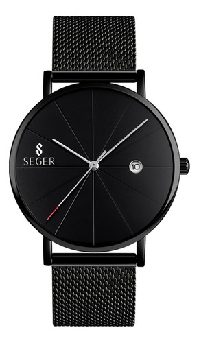 Reloj pulsera SEGER 9183, analógico, fondo negro, con correa de acero color negro, bisel color negro y hebilla de gancho