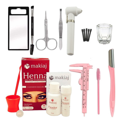 Kit Profissional Henna Makiaj Navalha + Pincel + Paquimetro Cor Castanho escuro