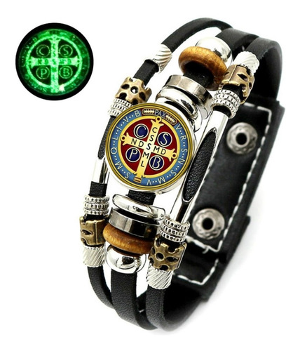 Pulsera Manilla Cuero Medalla San Benito Para Hombre Y Mujer