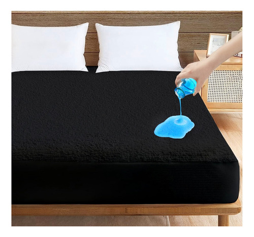 Cubre Colchon Impermeable Tejido De Rizo Individual Liso Color Negro