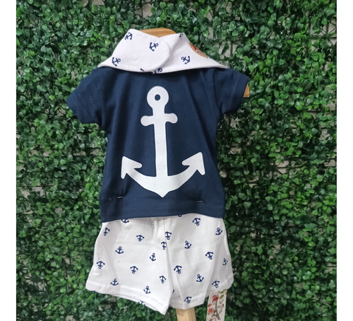 Conjunto Marinero Camiseta Algodón+ Medio Osito+ Babero Bebe