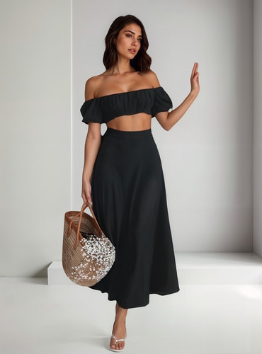 Conjunto Campesino Croptop Con Falda Holgada Para Mujer