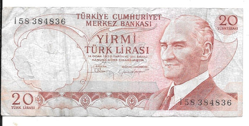 Liquido Billete De Turquía.20 Liras 1970