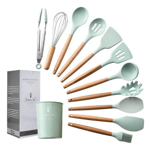 Set De Utensilios De Cocina Shovel Green Light Wood Silicone