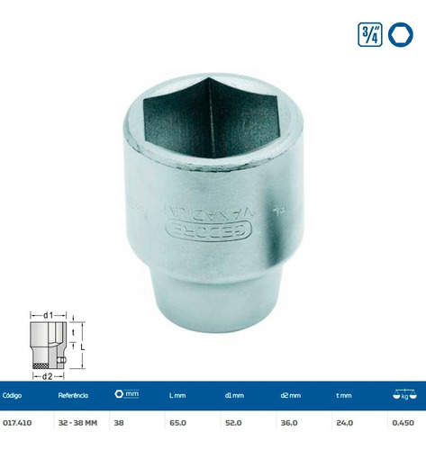 Imagem 2 de 4 de Soquete Sextavado Encaixe De 3/4 32-38 38 Mm Gedore 017410