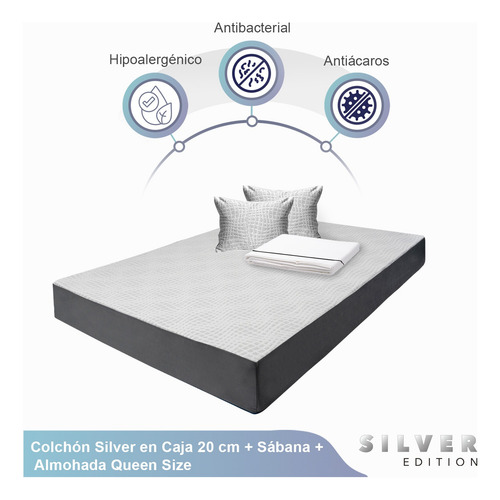 Colchón Queen Size En Caja 20 Cm + Juego Sábanas Y Almohada Blanco Y Gris