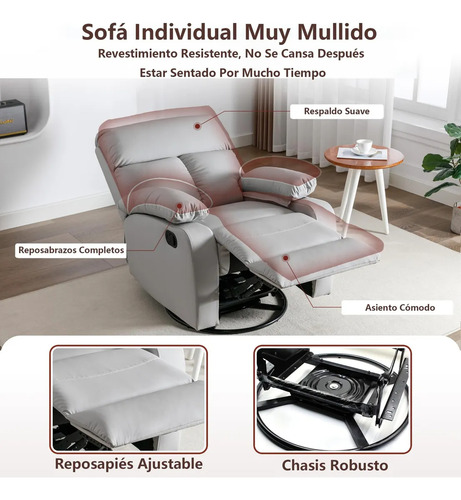 Sillón Reposet Reclinable Individual Moderno Estructura Gris