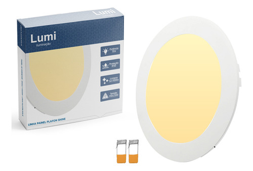 Kit 5 Plafon Painel Led Lumi Embutir Redondo 12w Luz Branco Quente 3500k Bivolt