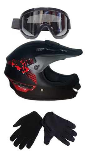 Casco Cross + Guantes + Gafas Jr Bicicross Bmx