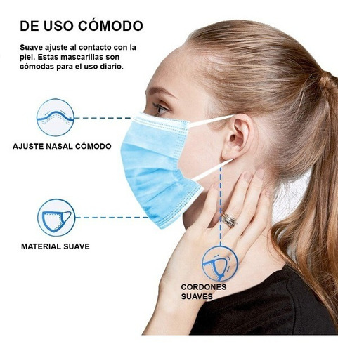 Cubrebocas Tapabocas 3 Capas Con Filtro Protector 50 Piezas Color Azul adulto