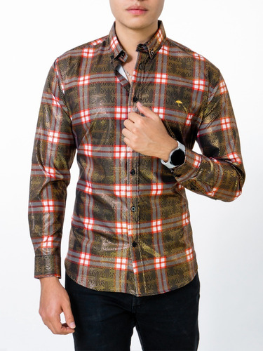 Camisa Hombre Casual Slim Fit Dorado Cuadros Alexis Roman