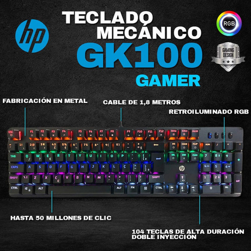 Teclado mecânico para jogadores Hp Gk100 Led RGB/QWERTY/Anti-Ghos