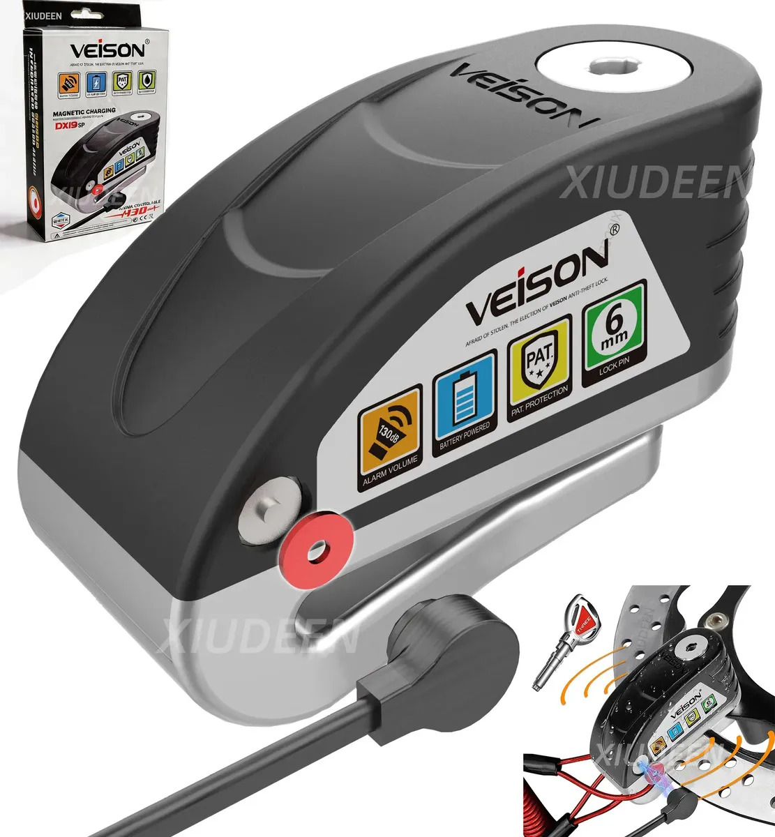Candado Disco Motocicleta Alarma 130dB Recargable IP65 Impermeable Candados Moto Antirrobo Controllable Alarm Negro Xiudeen