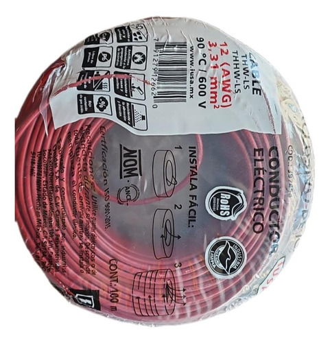 Cable Thhw-ls Rohs Calibre 12 Awg Rojo 100m