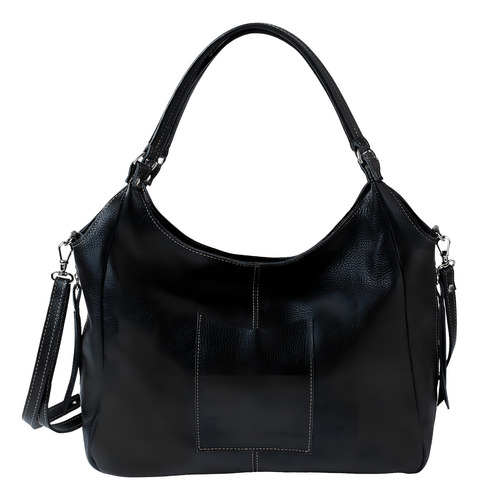 Bolso hobo Magon Couros 2293, diseño de piel de vacuno negra lisa con correa de hombro negra, correas de color negro