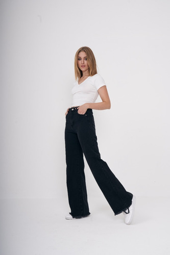 Jean Wide Leg Mujer Rígido Tiro Alto