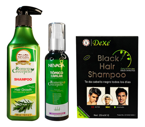 Shampoo Romero 320ml + Tonico Capilar + Shampoo Dexe Negro