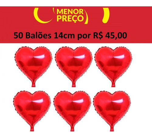 50 Balões Metalizados Coração Vermelho 14cm 